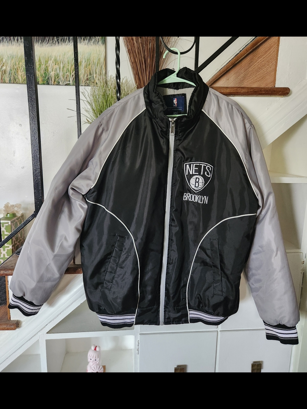 NBA Brooklyn Nets Black and Gray Varsity Bomber Jacket
